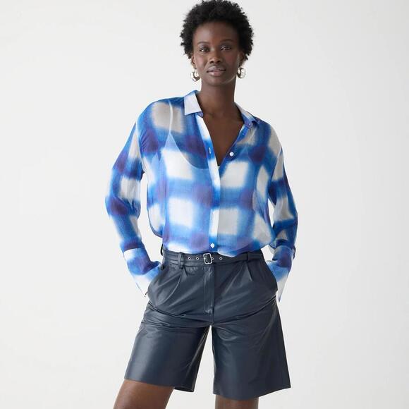 J.crew Top Women’s 6 blue cupro check plaid sheer summer festival beachy spring - Picture 1 of 7